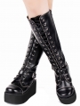 Black Gothic Grunge Punk PU Leather Zip and Lace-up Platform Knee Boots for Women