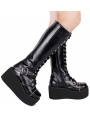 Black Gothic Grunge Punk PU Leather Zip and Lace-up Platform Knee Boots for Women