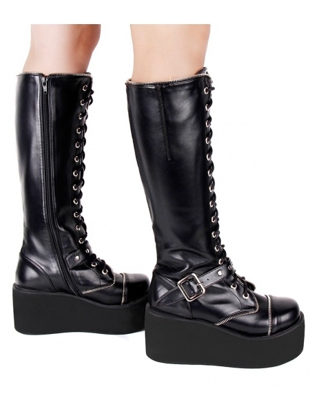 Black Gothic Grunge Punk PU Leather Zip and Lace-up Platform Knee Boots ...