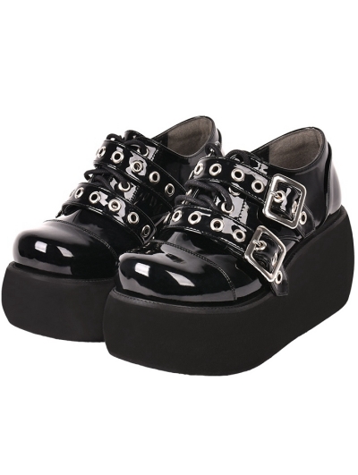 Black Gothic Grunge Punk Rivet Buckle Belt Platform Shoes for Women
