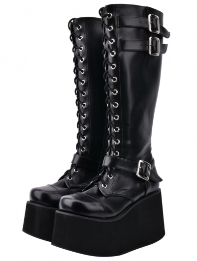 Black Gothic Grunge Punk PU Leather Lace-up Buckle Belt Platform Knee Boots for Women