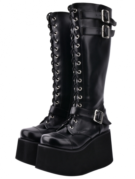 Black Gothic Grunge Punk PU Leather Lace-up Buckle Belt Platform Knee ...