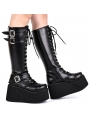 Black Gothic Grunge Punk PU Leather Lace-up Buckle Belt Platform Knee Boots for Women