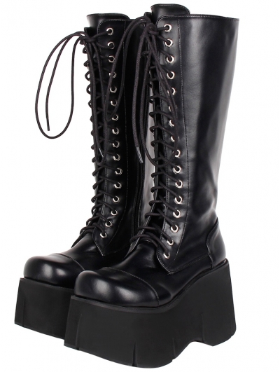 Black Gothic Grunge Punk PU Leather Lace-up Platform Knee Boots for Women