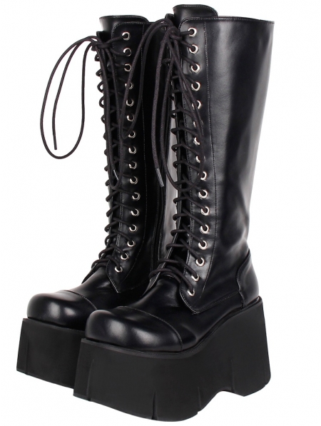 Black Gothic Grunge Punk PU Leather Lace-up Platform Knee Boots for ...
