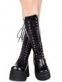 Black Gothic Grunge Punk PU Leather Lace-up Platform Knee Boots for Women