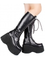 Black Gothic Grunge Punk PU Leather Lace-up Platform Knee Boots for Women