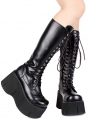 Black Gothic Grunge Punk PU Leather Lace-up Platform Knee Boots for Women