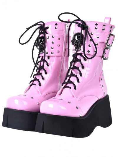 Pink Gothic Grunge Punk Rivet Skull Lace-up Mid-Calf Platform Boots for ...