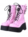 Pink Gothic Grunge Punk Rivet Skull Lace-up Mid-Calf Platform Boots for Women