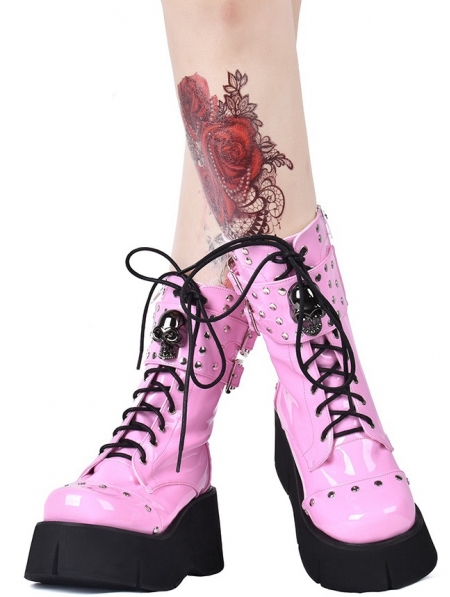 Pink Gothic Grunge Punk Rivet Skull Lace-up Mid-Calf Platform Boots for ...