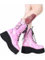 Pink Gothic Grunge Punk Rivet Skull Lace-up Mid-Calf Platform Boots for Women