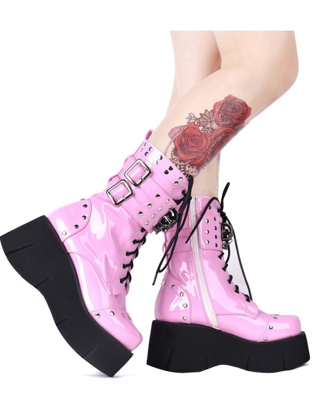 Pink Gothic Grunge Punk Rivet Skull Lace-up Mid-Calf Platform Boots for ...