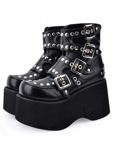 Black Gothic Grunge Punk Rivet Belt Platform Mid-Calf Boots for Women