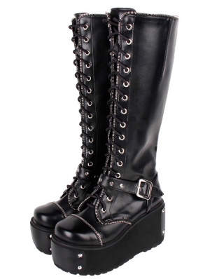 Black Gothic Grunge Punk PU Leather Lace-up Platform Knee Boots for Women