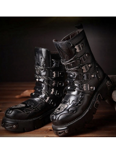 Black Gothic Punk Lace-up Platform Mid-Calf Boots for Men