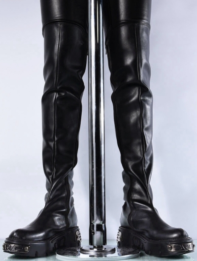 Black Gothic Punk Knee Platform Boots for Men