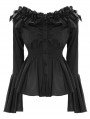Black Romantic Elegant Gothic Flower Off-the-Shoulder Long Sleeve Blouse for Women