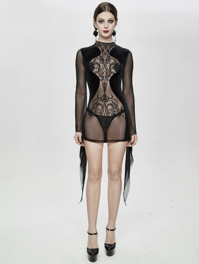 Black Sexy Gothic Transparent Long Sleeve Mini Dress