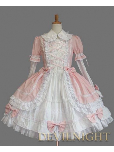 Pink and White Long Sleeves Bow Sweet Lolita Dress
