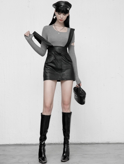 Black Gothic Grunge PU Leather Suspender Daily Wear Skirt