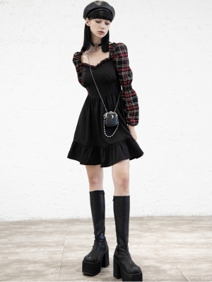Black and Red Plaid Street Fashion Gothic Grunge Long Sleeve Short Dress
