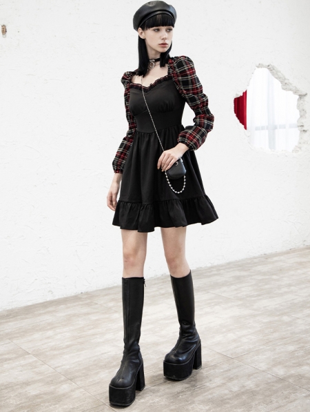 Black and Red Plaid Street Fashion Gothic Grunge Long Sleeve Short ...