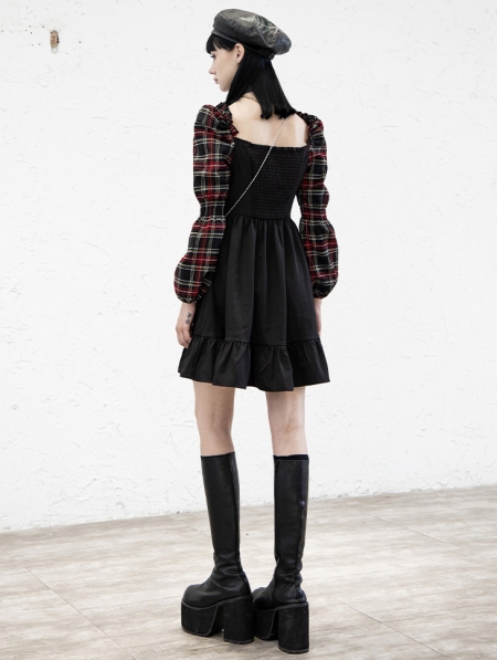 Black and Red Plaid Street Fashion Gothic Grunge Long Sleeve Short ...