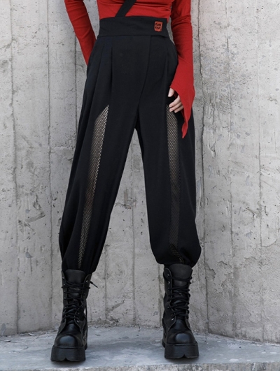 Black Women's Gothic Grunge Flared Long Daily Wear Trousers with Detachable Belt