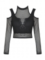 Black Gothic Grunge Net Long Sleeve Short Casual T-Shirt for Women