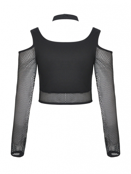 Black Gothic Grunge Net Long Sleeve Short Casual T-Shirt for Women ...