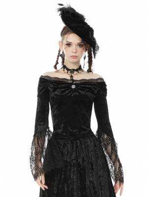 Black Vintage Gothic Victorian Off-the-Shoulder Velvet Lace Shirt for Women