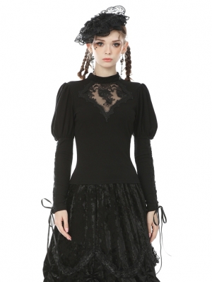 Black Vintage Gothic Lace Long Sleeve Daily Wear T-Shirt for Women