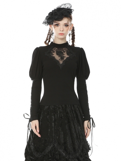 Black Vintage Gothic Lace Long Sleeve Daily Wear T-Shirt for Women