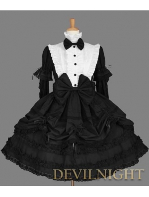 Black and White Long Detachable Sleeves Bow Gothic Lolita Dress 