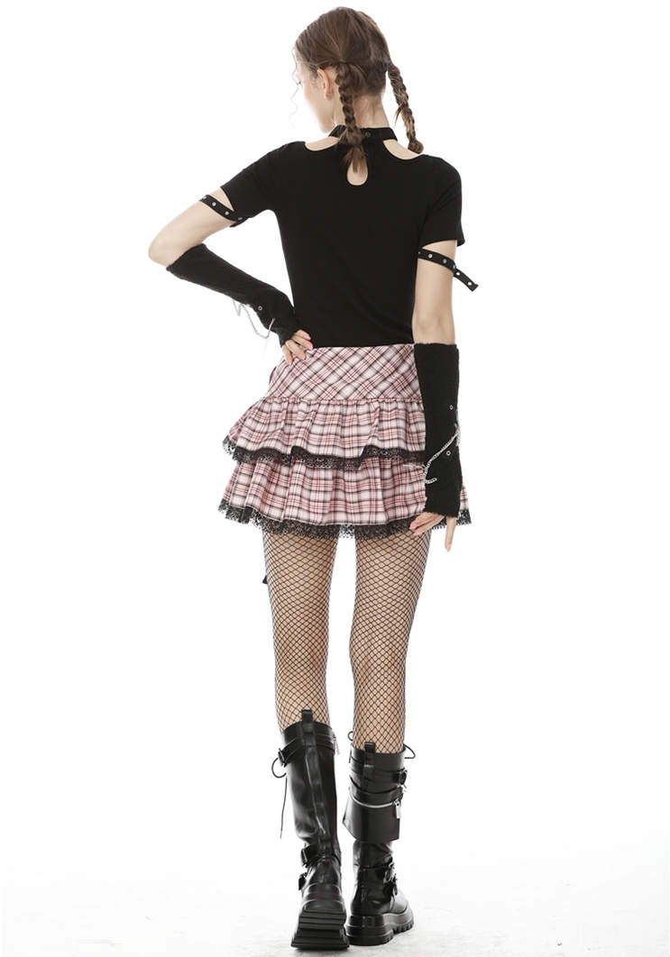 Pink Plaid Sweet Gothic Rock Heart Mini Skirt - Devilnight.co.uk
