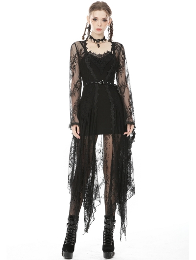 Black Romantic Lace Gothic Sexy Daily Wear Long Trench Coat for Women