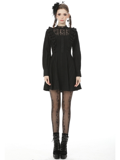 Black Gothic Lace Long Sleeve Short Daily Wear Dress