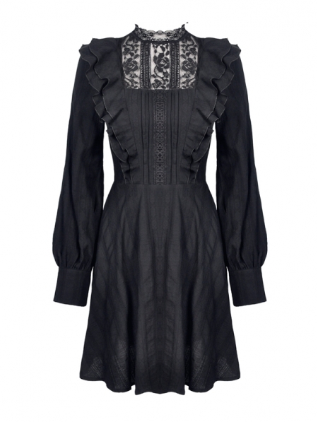 Black Gothic Lace Long Sleeve Short Daily Wear Dress - Devilnight.co.uk