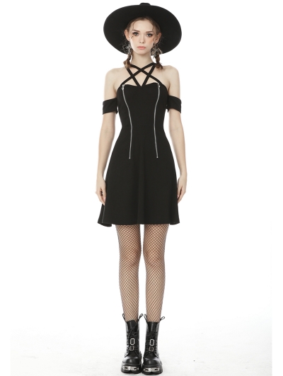 Black Sexy Gothic Punk Off-the-Shoulder Pentagram Short Daily Wear Dress