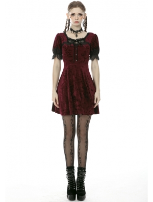 Wine Red Gothic Velvet Short Sleeve Daily Wear Dress