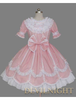 Pink and White Short Sleeves Ribbon Bow Sweet Lolita Dress