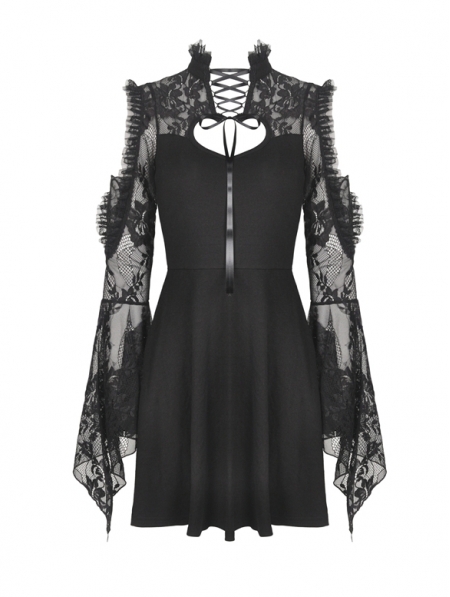 Black Gothic Off-the-Shoulder Lace Long Sleeve Short Party Dress ...