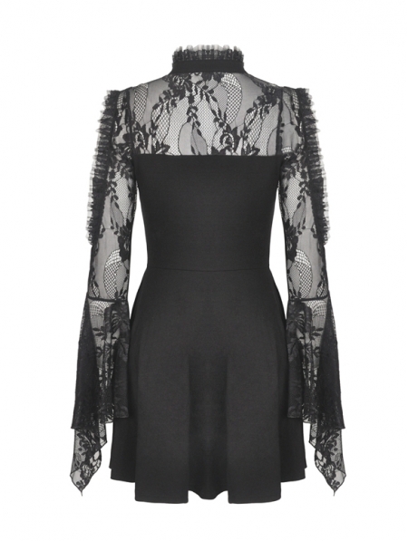 Black Gothic Off-the-Shoulder Lace Long Sleeve Short Party Dress ...