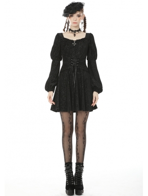 Black Vintage Gothic Long Puff Sleeve Short Casual Dress