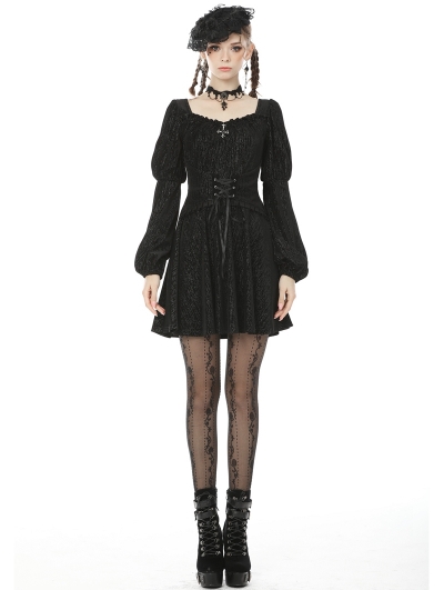 Black Vintage Gothic Long Puff Sleeve Short Casual Dress