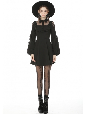 Black Sweet Gothic Doll Collar Long Lantern Sleeve Short Daily Wear Dress