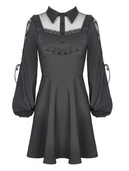 Black Sweet Gothic Doll Collar Long Lantern Sleeve Short Daily Wear ...