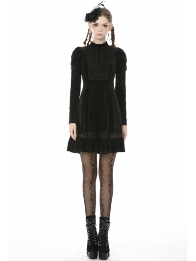 Black Vintage Gothic Velvet Long Sleeve Short Dress