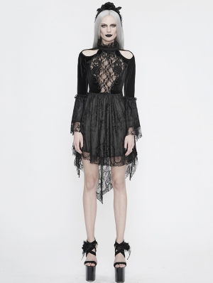 Black Sexy Gothic Hollwed-out Velvet Lace High-low Dress